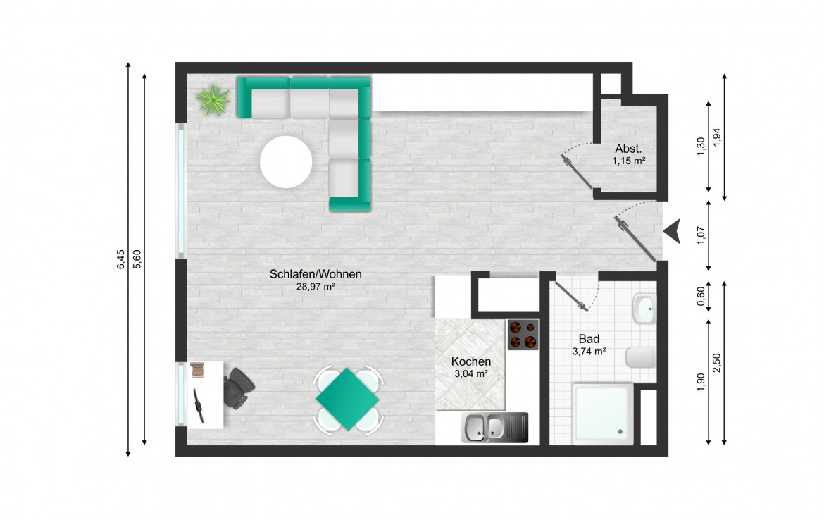 Grundriss Wohnung Nummer 5 mit Abstellraum