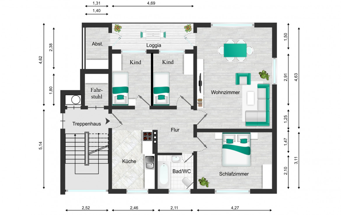 Möglicher Grundriss Wohnung Nummer 9 als 4 Zimmer